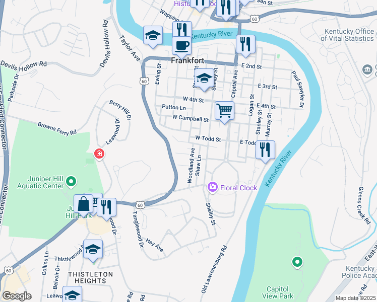 map of restaurants, bars, coffee shops, grocery stores, and more near 15 Dogwood Lane in Frankfort