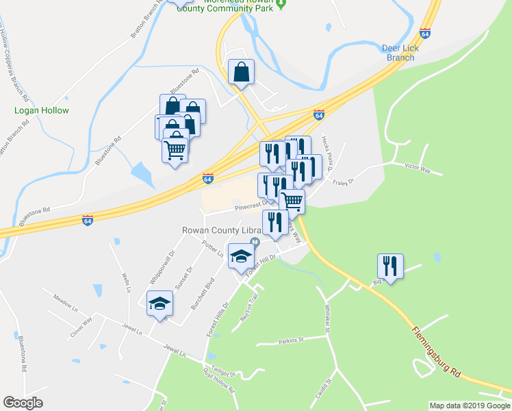map of restaurants, bars, coffee shops, grocery stores, and more near Pinecrest Drive in Morehead