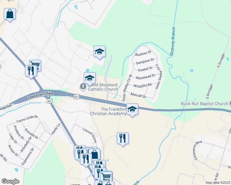map of restaurants, bars, coffee shops, grocery stores, and more near 205 Shepherd Way in Frankfort