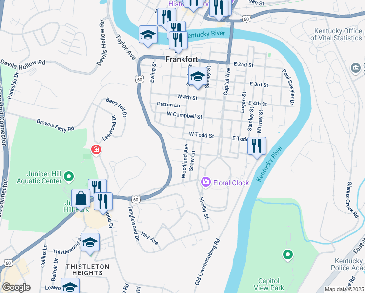 map of restaurants, bars, coffee shops, grocery stores, and more near 15 Dogwood Lane in Frankfort