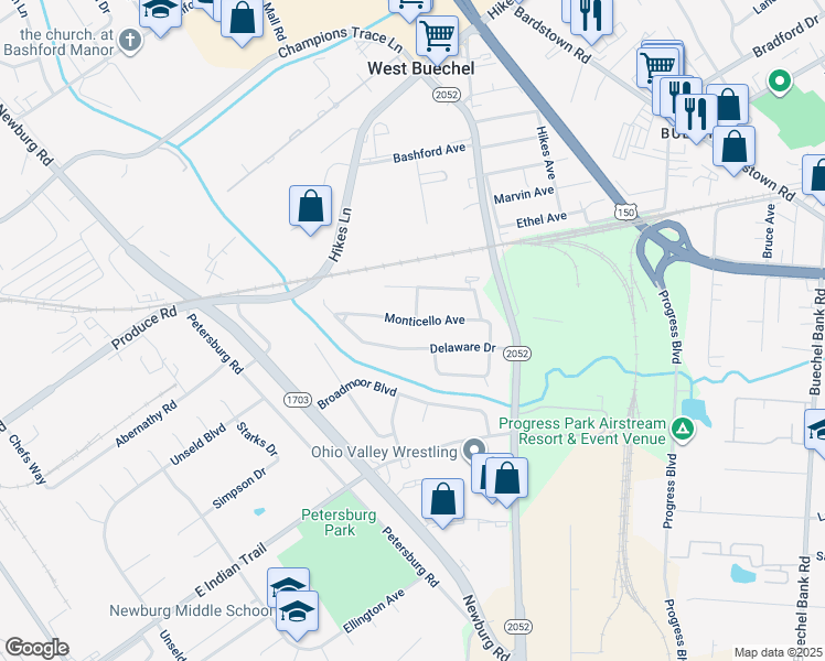 map of restaurants, bars, coffee shops, grocery stores, and more near 5107 Delaware Drive in Louisville