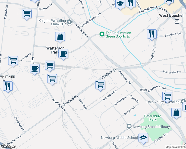 map of restaurants, bars, coffee shops, grocery stores, and more near in Shively