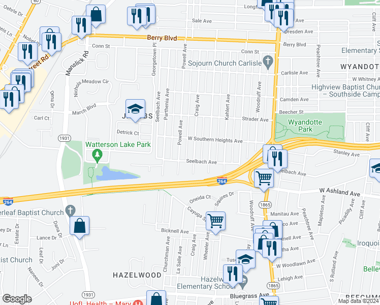 map of restaurants, bars, coffee shops, grocery stores, and more near 3767 Powell Avenue in Louisville