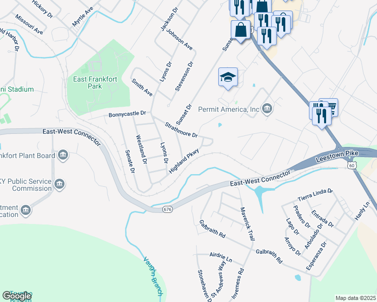 map of restaurants, bars, coffee shops, grocery stores, and more near 276 Highland Parkway in Frankfort