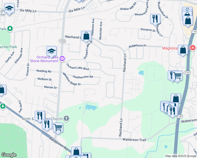 map of restaurants, bars, coffee shops, grocery stores, and more near 4110 Heatherview Road in Louisville