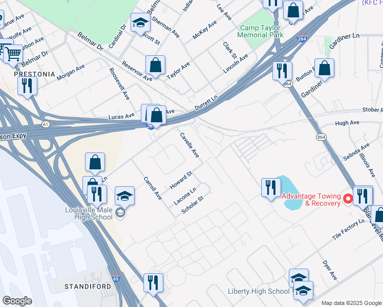 map of restaurants, bars, coffee shops, grocery stores, and more near 4342 Cavelle Avenue in Louisville