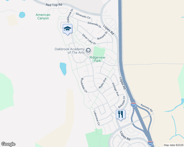 map of restaurants, bars, coffee shops, grocery stores, and more near 5078 Brookdale Circle in Fairfield