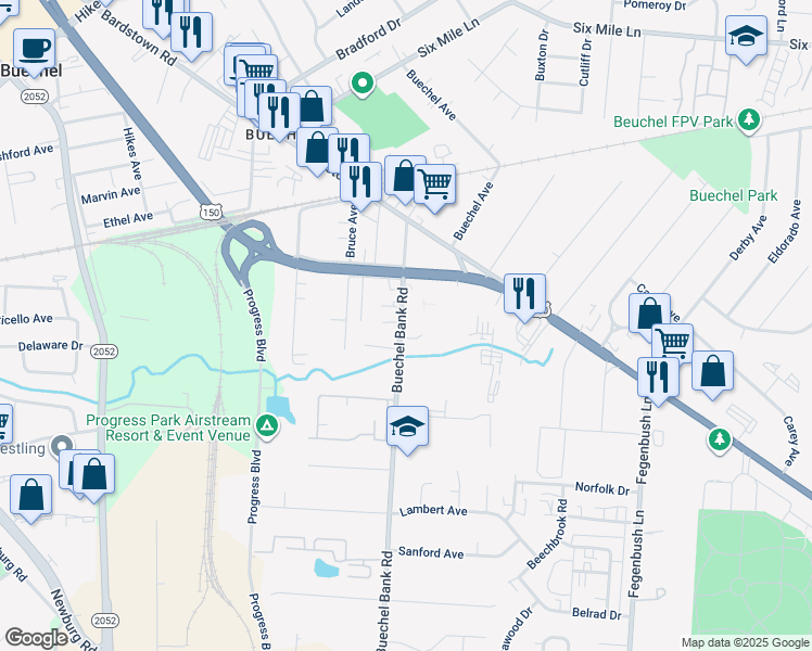 map of restaurants, bars, coffee shops, grocery stores, and more near 2116 Buechel Bank Road in Louisville