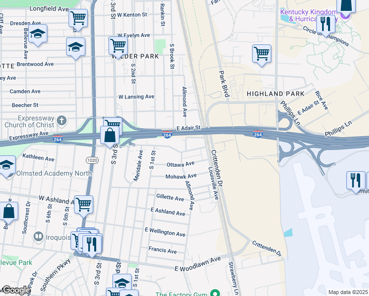 map of restaurants, bars, coffee shops, grocery stores, and more near 130 East Southern Heights Avenue in Louisville