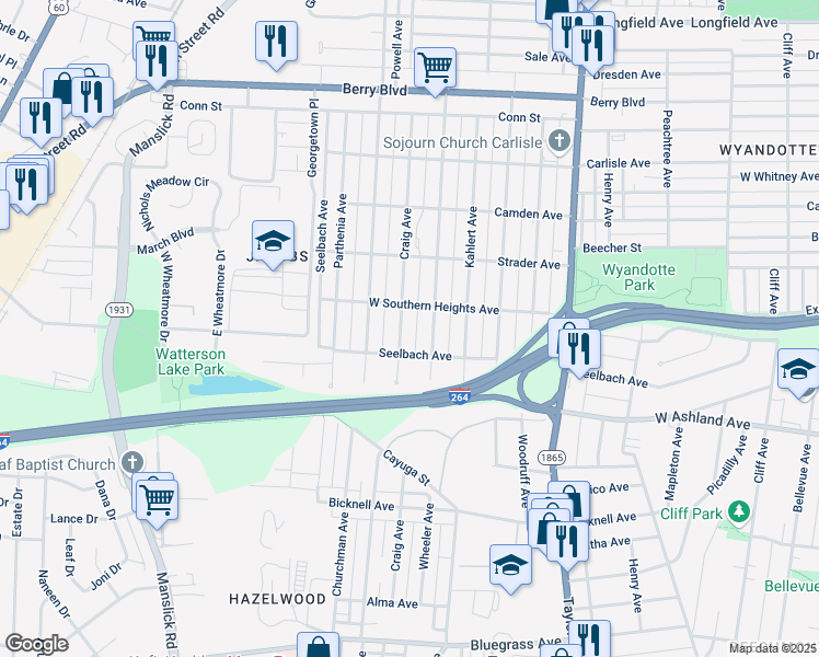 map of restaurants, bars, coffee shops, grocery stores, and more near 3779 Seelbach Avenue in Louisville