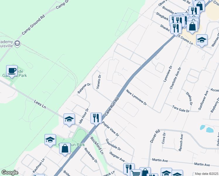 map of restaurants, bars, coffee shops, grocery stores, and more near 3310 Teakwood Circle in Louisville