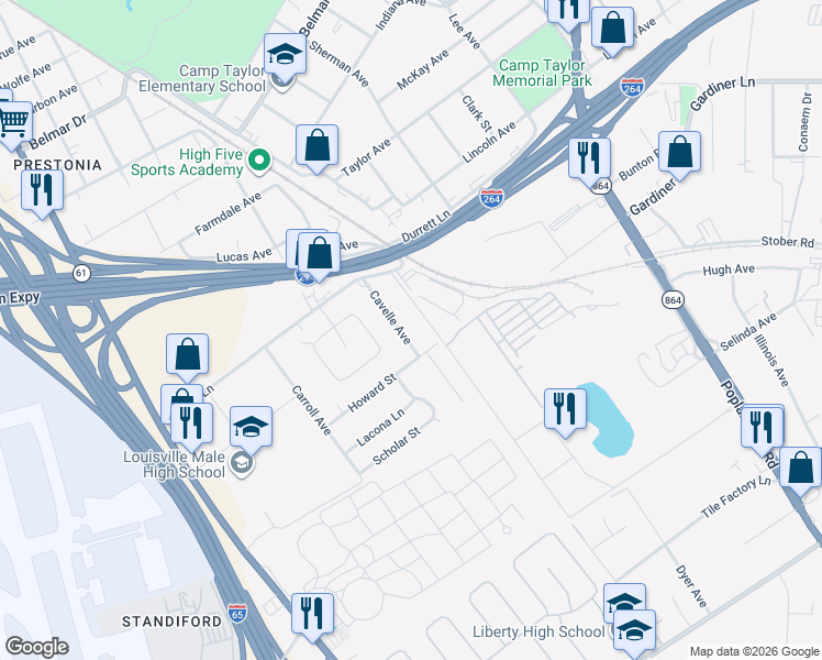 map of restaurants, bars, coffee shops, grocery stores, and more near 4342 Cavelle Avenue in Louisville