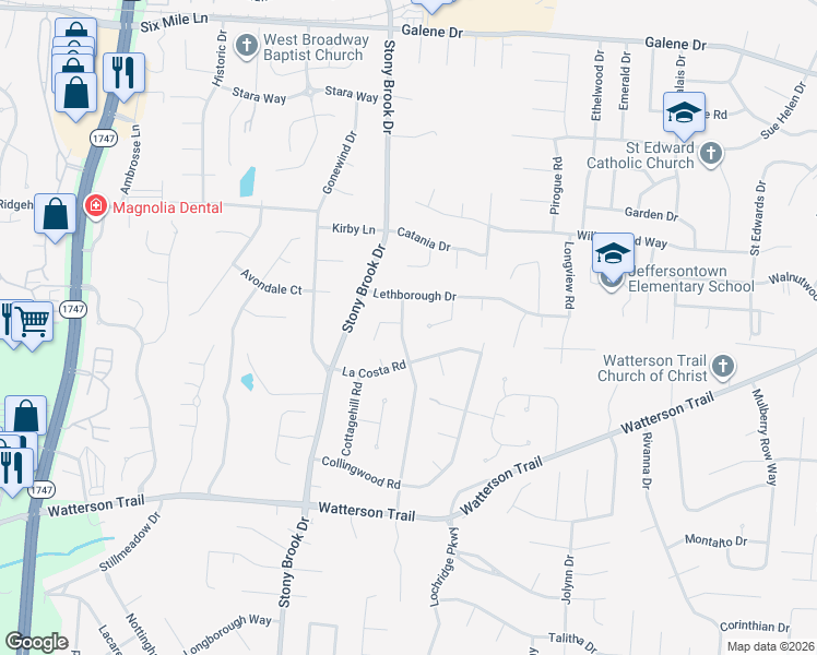 map of restaurants, bars, coffee shops, grocery stores, and more near 8921 La Costa Road in Jeffersontown