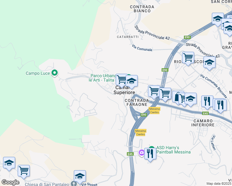 map of restaurants, bars, coffee shops, grocery stores, and more near 13 Località Camaro Superiore in Messina