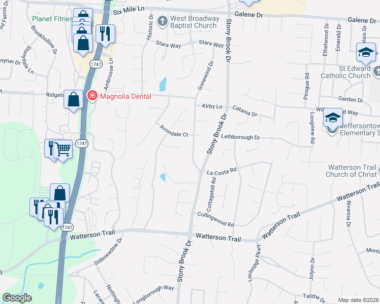 map of restaurants, bars, coffee shops, grocery stores, and more near 3902 Kirby Lane in Louisville