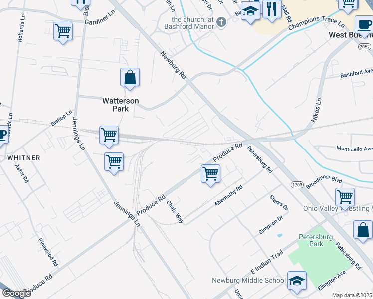 map of restaurants, bars, coffee shops, grocery stores, and more near 4401 Produce Road in Louisville