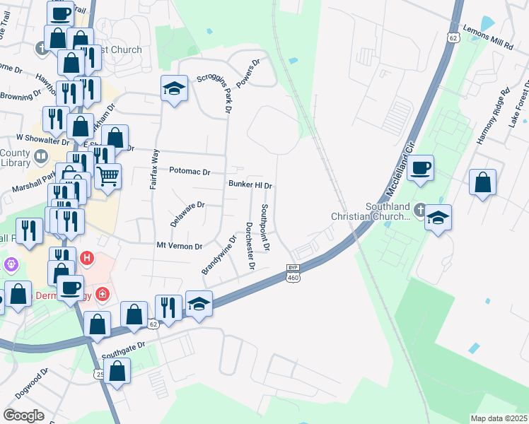 map of restaurants, bars, coffee shops, grocery stores, and more near 1140 Southpoint Drive in Georgetown