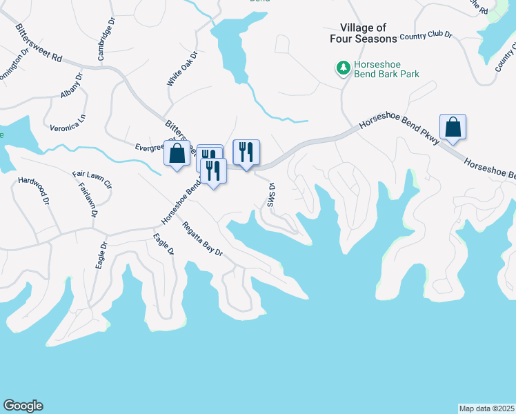 map of restaurants, bars, coffee shops, grocery stores, and more near Southwood Shores Place in Village of Four Seasons