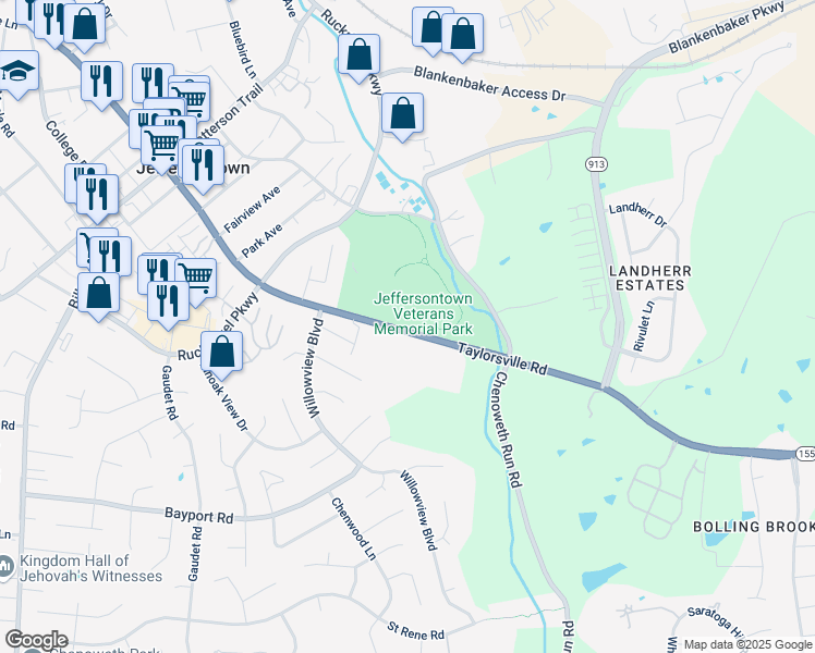 map of restaurants, bars, coffee shops, grocery stores, and more near 10631 Taylorsville Road in Jeffersontown