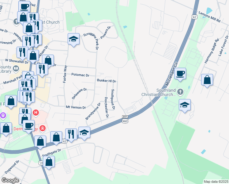 map of restaurants, bars, coffee shops, grocery stores, and more near 1140 Southpoint Drive in Georgetown