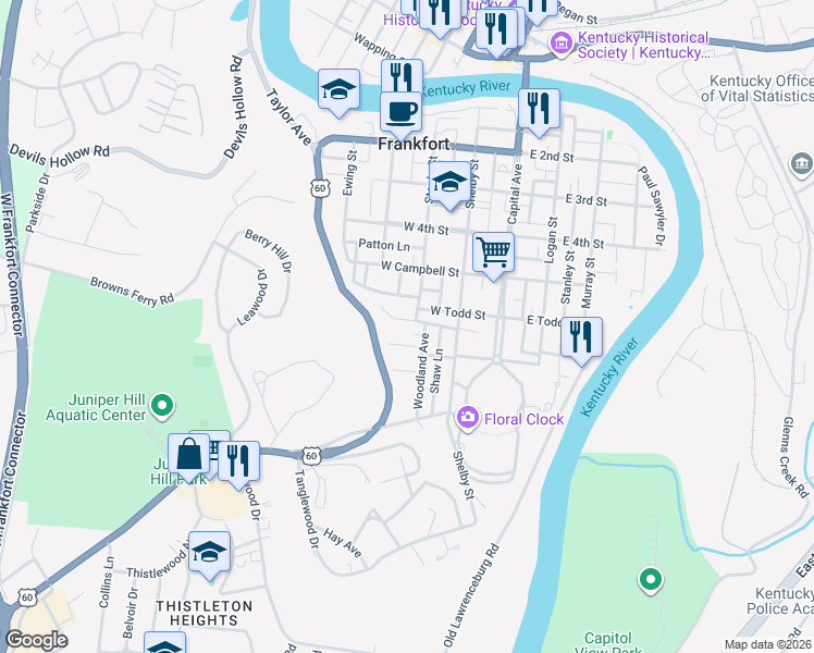 map of restaurants, bars, coffee shops, grocery stores, and more near 315 Coleman Avenue in Frankfort