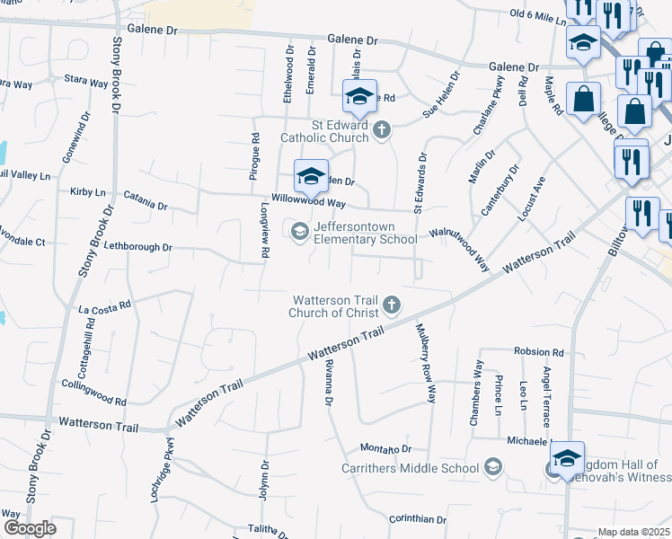 map of restaurants, bars, coffee shops, grocery stores, and more near 3807 Glenwillow Way in Louisville