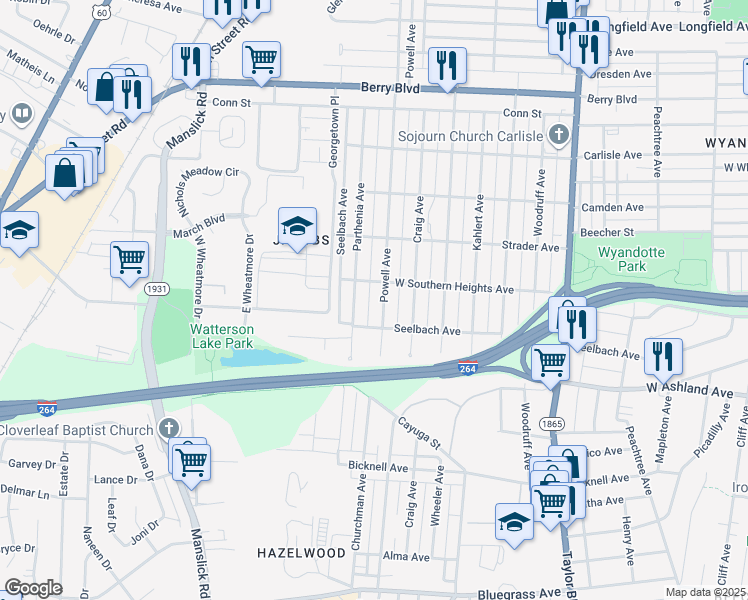 map of restaurants, bars, coffee shops, grocery stores, and more near 3739 Powell Avenue in Louisville