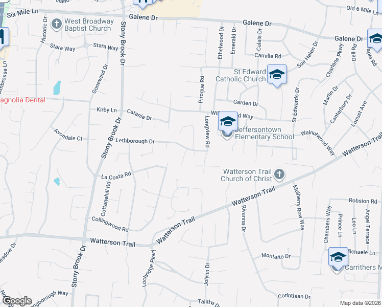 map of restaurants, bars, coffee shops, grocery stores, and more near 9113 Lethborough Drive in Jeffersontown
