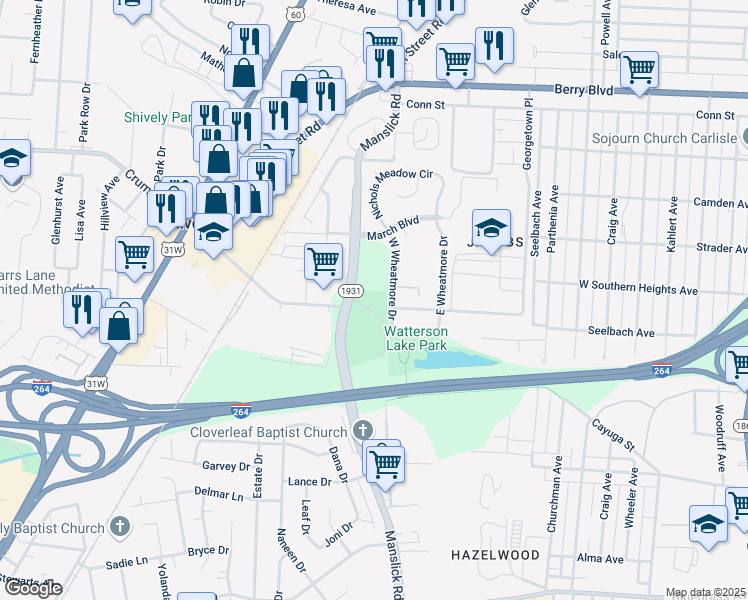 map of restaurants, bars, coffee shops, grocery stores, and more near 3703 Manslick Road in Louisville
