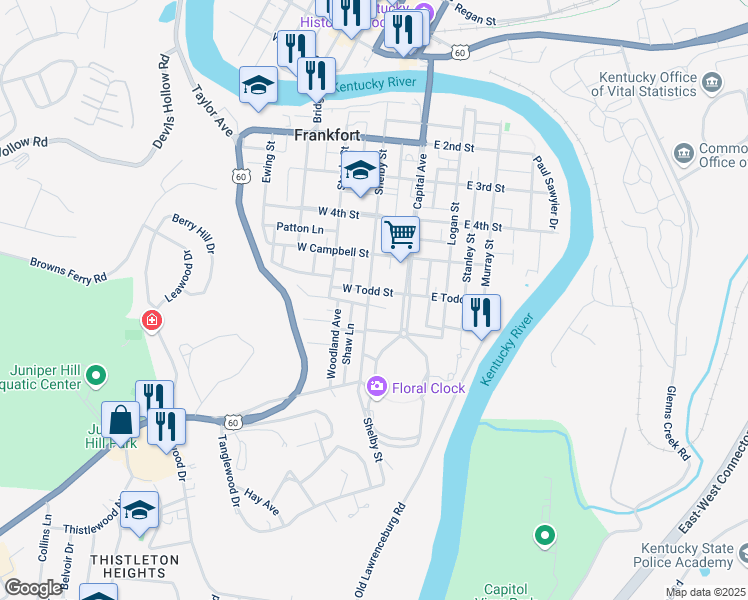 map of restaurants, bars, coffee shops, grocery stores, and more near 116 West Todd Street in Frankfort