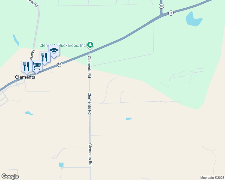 map of restaurants, bars, coffee shops, grocery stores, and more near 22140 Clements Road in Clements