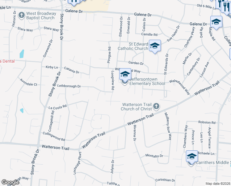 map of restaurants, bars, coffee shops, grocery stores, and more near 3723 Longview Road in Jeffersontown