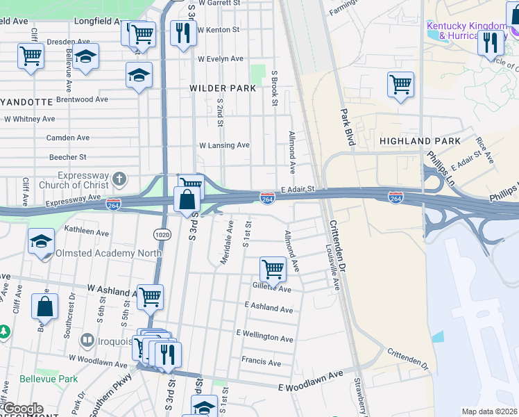 map of restaurants, bars, coffee shops, grocery stores, and more near 103 East Adair Street in Louisville