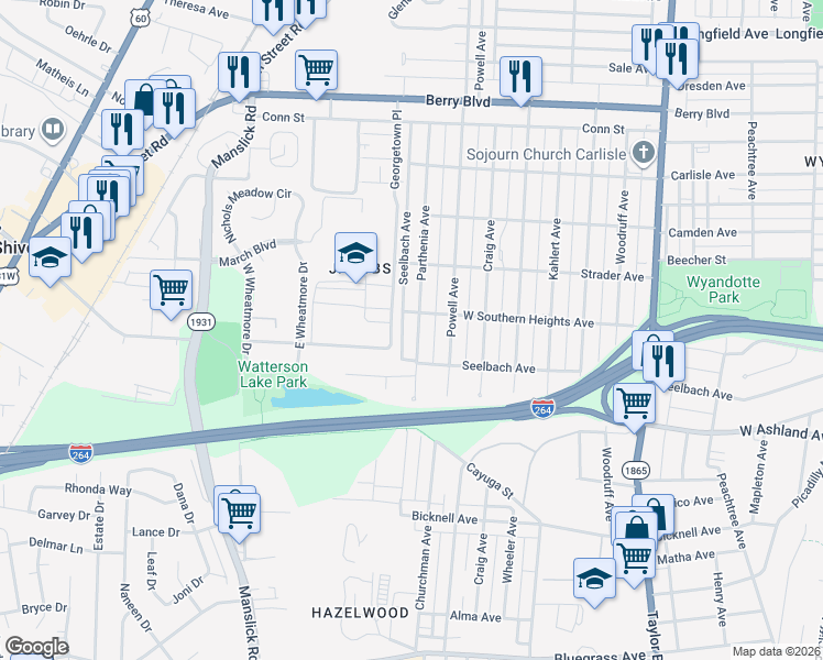 map of restaurants, bars, coffee shops, grocery stores, and more near 3751 Parthenia Avenue in Louisville