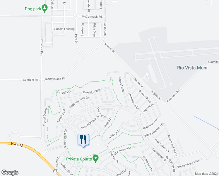 map of restaurants, bars, coffee shops, grocery stores, and more near Oakridge Way & Magnolia Dr in Rio Vista