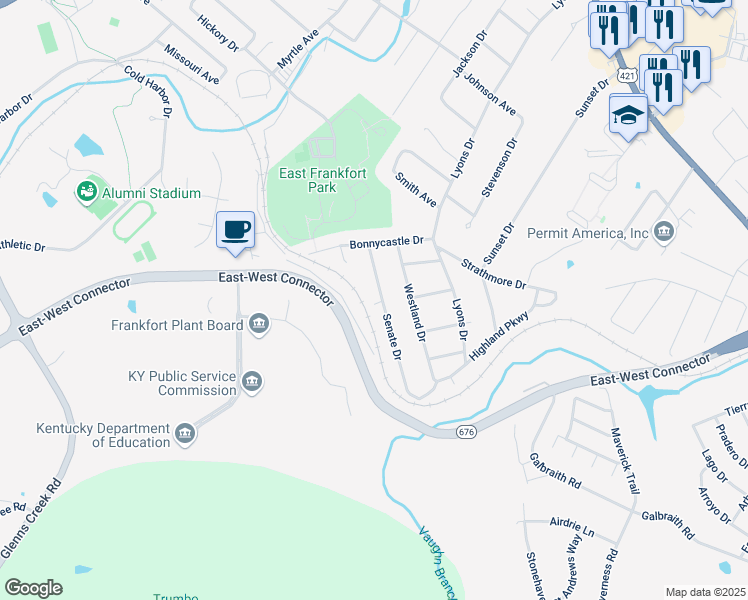 map of restaurants, bars, coffee shops, grocery stores, and more near 313 Senate Drive in Frankfort