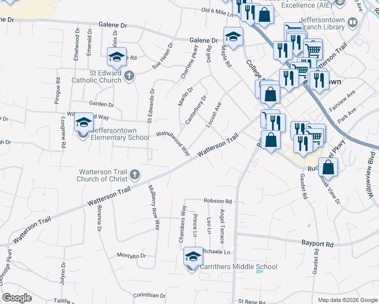 map of restaurants, bars, coffee shops, grocery stores, and more near 3725 Locust Avenue in Jeffersontown