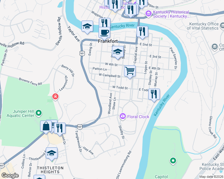 map of restaurants, bars, coffee shops, grocery stores, and more near 216-218 East Todd Street in Frankfort