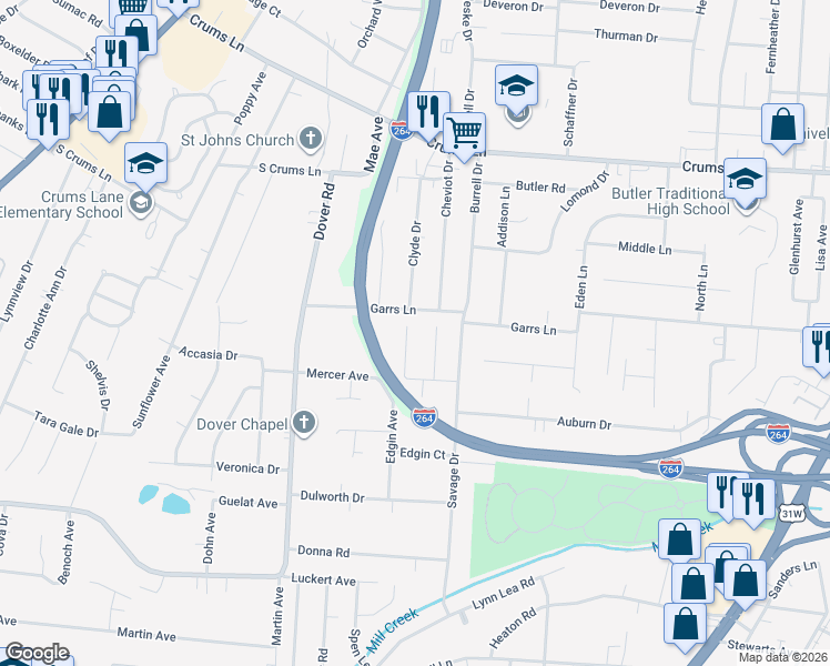 map of restaurants, bars, coffee shops, grocery stores, and more near 2314 Garrs Lane in Louisville