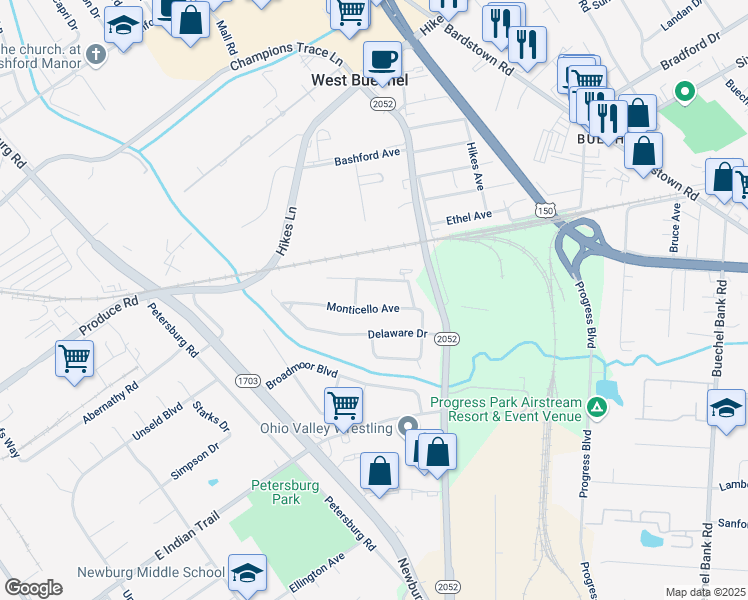 map of restaurants, bars, coffee shops, grocery stores, and more near 5208 Gathwright Drive in Louisville