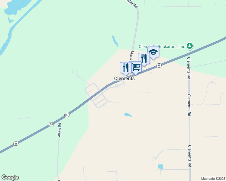map of restaurants, bars, coffee shops, grocery stores, and more near 18586 Walnut Street in Clements