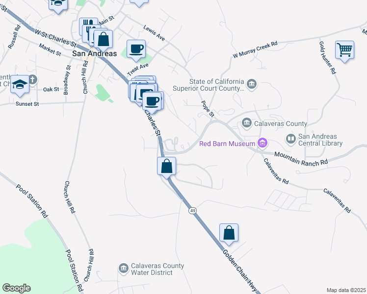 map of restaurants, bars, coffee shops, grocery stores, and more near 679 Mountain Ranch Road in San Andreas