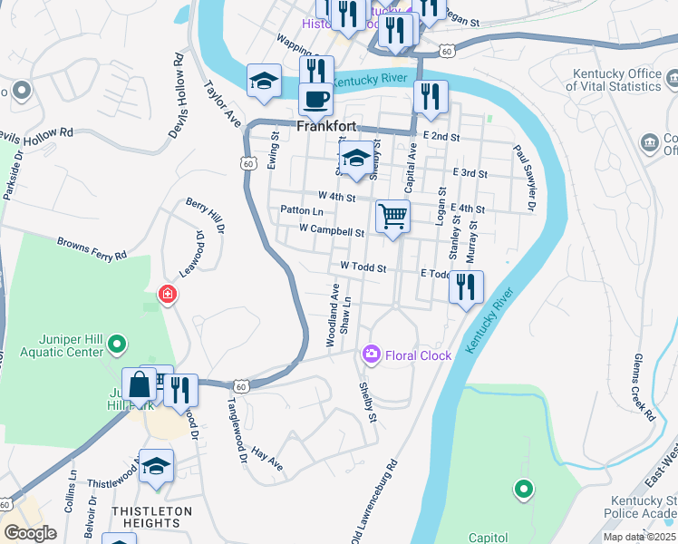 map of restaurants, bars, coffee shops, grocery stores, and more near 216-218 East Todd Street in Frankfort