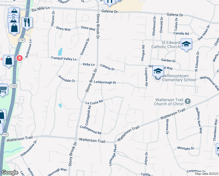 map of restaurants, bars, coffee shops, grocery stores, and more near 9006 Lethborough Drive in Louisville