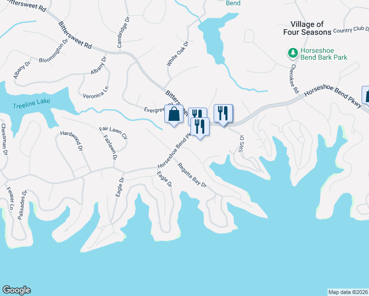 map of restaurants, bars, coffee shops, grocery stores, and more near 4466 Horseshoe Bend Parkway in Village of Four Seasons