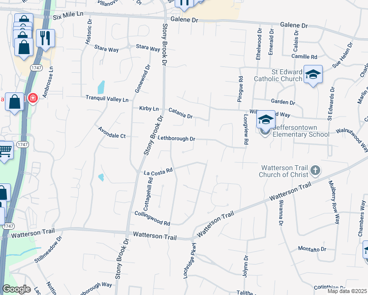 map of restaurants, bars, coffee shops, grocery stores, and more near 9006 Lethborough Drive in Louisville