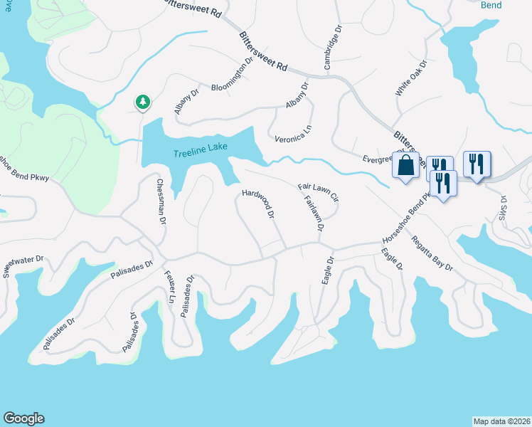 map of restaurants, bars, coffee shops, grocery stores, and more near 400-498 Hardwood Drive in Village of Four Seasons