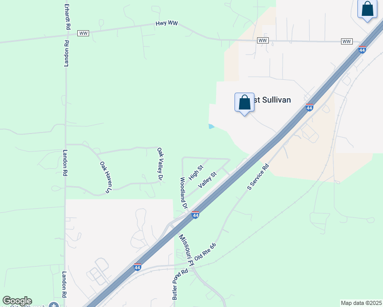 map of restaurants, bars, coffee shops, grocery stores, and more near 4669 Woodland Drive in Sullivan