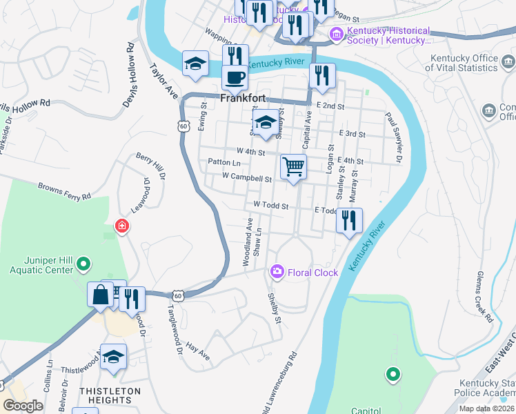 map of restaurants, bars, coffee shops, grocery stores, and more near 216-218 East Todd Street in Frankfort