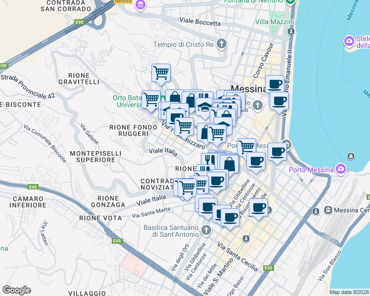 map of restaurants, bars, coffee shops, grocery stores, and more near 224 Via T. Cannizzaro Is.9 in Messina